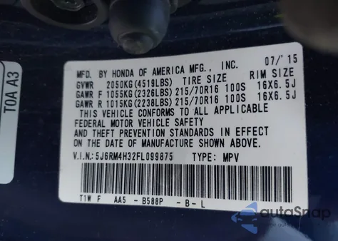 2015 Honda Cr-V Lx from USA, damaged, VIN 5J6RM4H32FL099875
